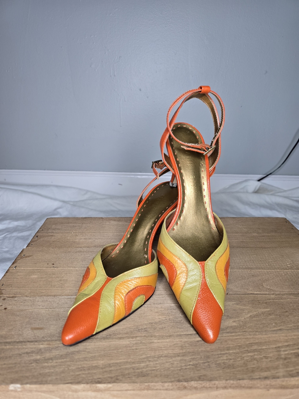 Women’s Orange and Lime Pointed Toe Ankle Strap Heels